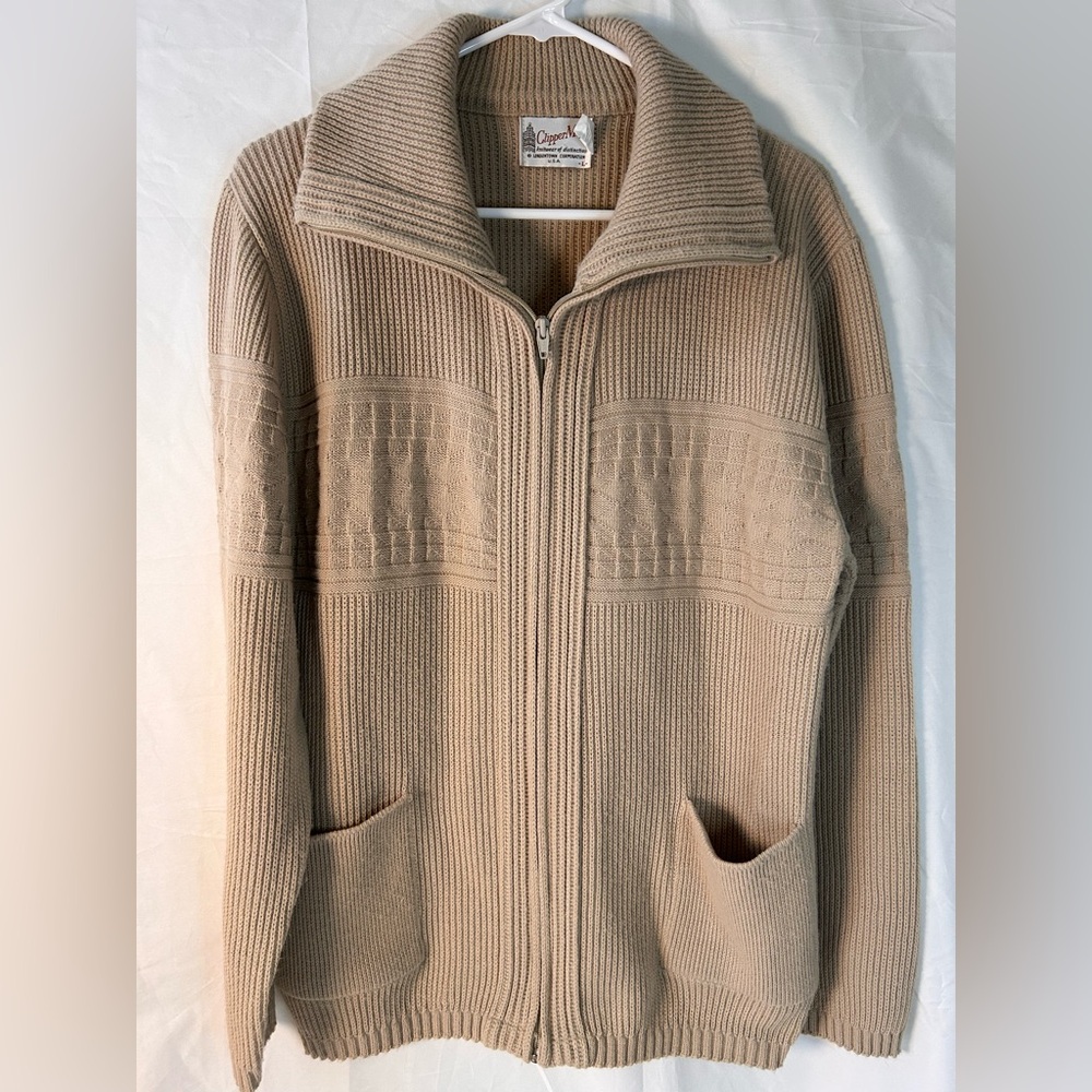 Vintage Men’s Clipper Mist tan zip up knit‎ cardigan sweater Size Large - Picture 2 of 11